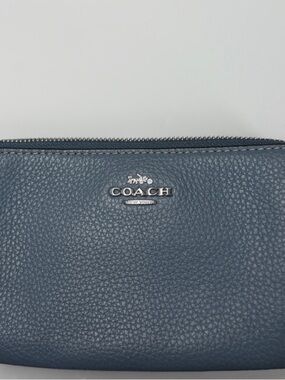 COACH Corner Zip Wristlet Denim Blue Pebbled Leather